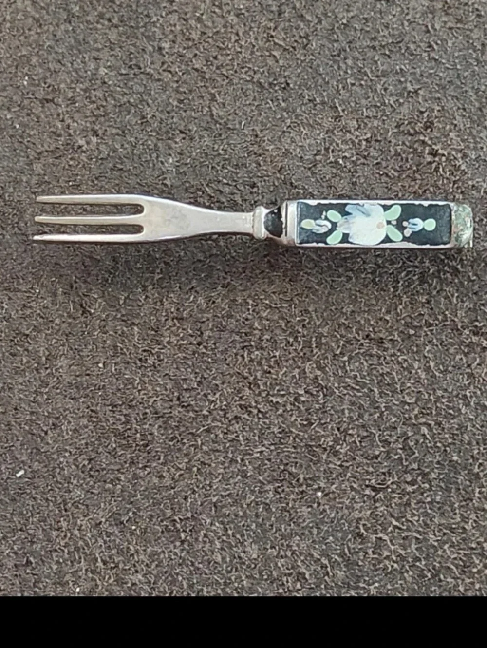 1930s/40s Miniature Silver Tone Fork With Floral Enamel Brooch Pin.